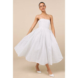 Lulus Analeia Ivory Jacquard Lace-up Strapless Midi Dress White - Size M